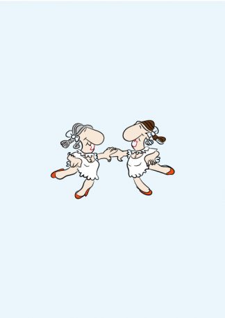 dancing couple with big noses, white short dresses, braids, defining the art of cartoon illustration, non-realistic, vector illustration
