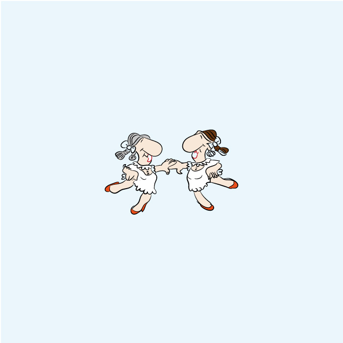 dancing couple with big noses, white short dresses, braids, defining the art of cartoon illustration, non-realistic, vector illustration
