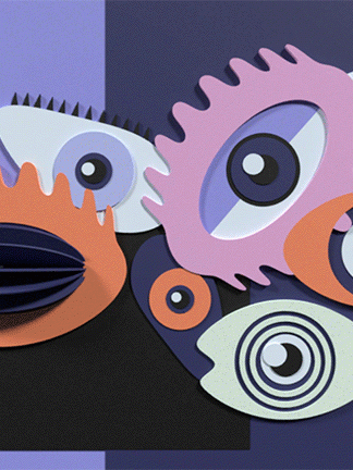 visual art image of six eyes looking at you, main colors are blue, white, orange and pink, available as CGI and 3D model