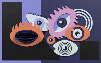 visual art image of six eyes looking at you, main colors are blue, white, orange and pink, available as CGI and 3D model
